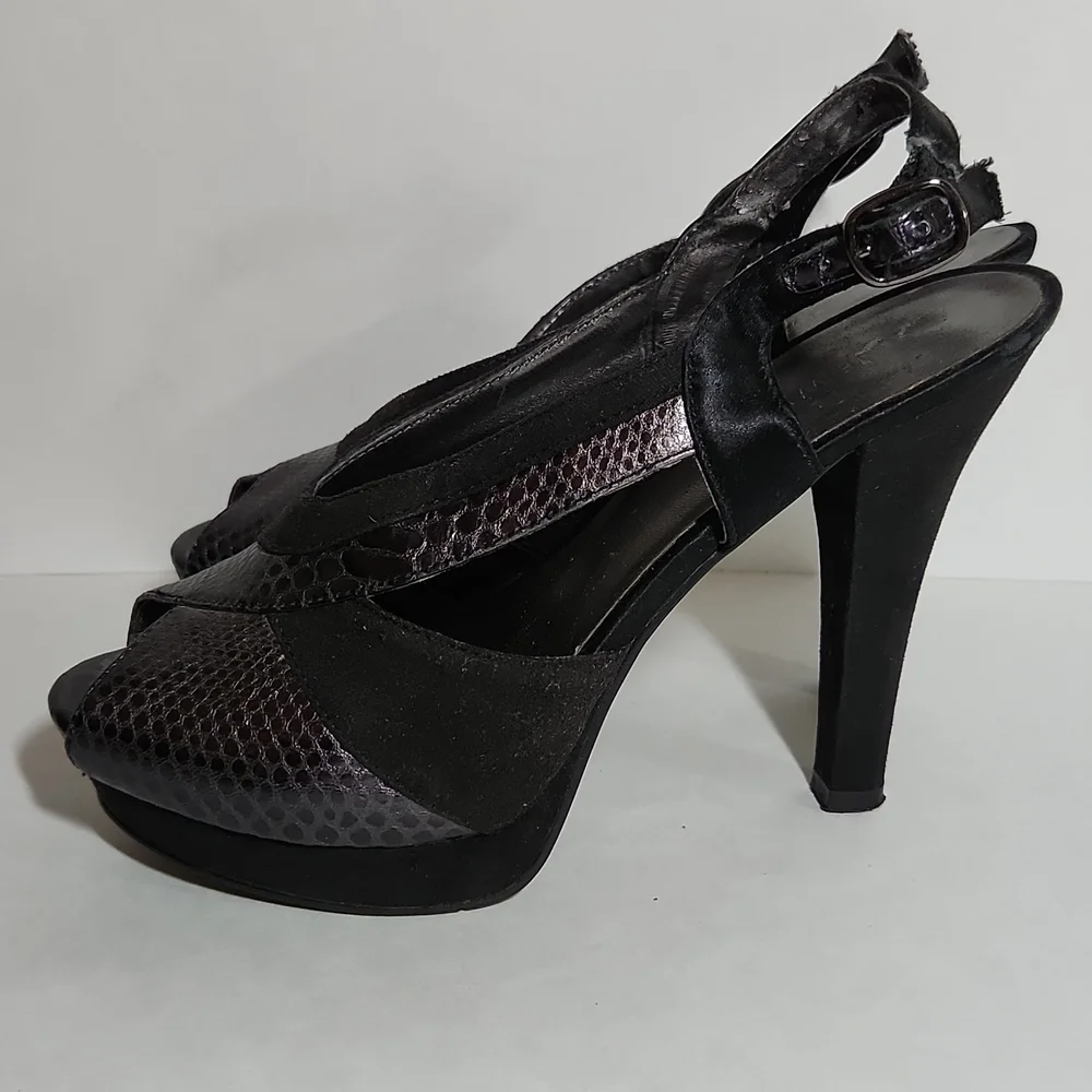 Nine West Women's Black Snakeskin Suede Slingback Peep Toe Cut-Out Heels Size 5